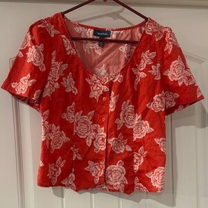 ModCloth Women's Size Large Red Floral Blouse Lightweight Button Up